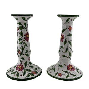 VTG RC & CLPorcelain Candlesticks Portugal Handpainted Flowers Vines